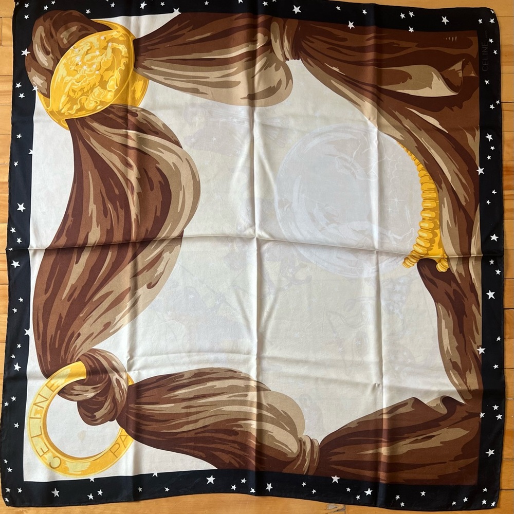 Celine Silk Scarf with Brown and Gold Accents